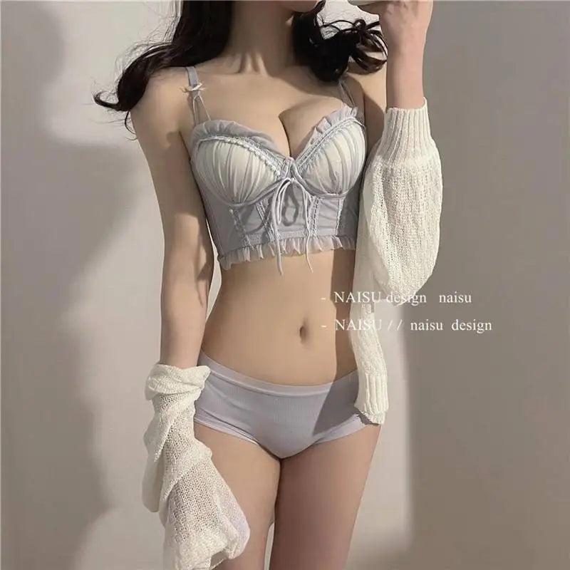 Sexy Lolita Bra Set for Women Wireless Push Up Bralette Lace Sexy Lingerie Set for Small Bust Gathering No Underwire MOYISU S-XL