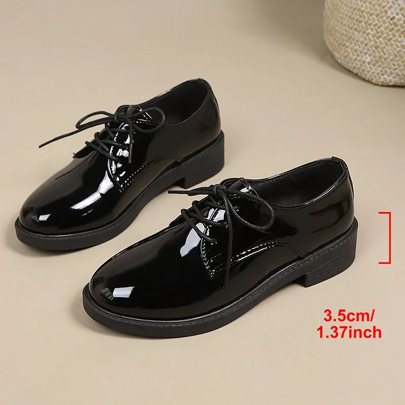 Pink Patent Leather Oxford Shoes Women Fashion Lace Up Pointed Toe Med Heel Pumps Woman Plus Size 43 Thick Heels Office Shoes