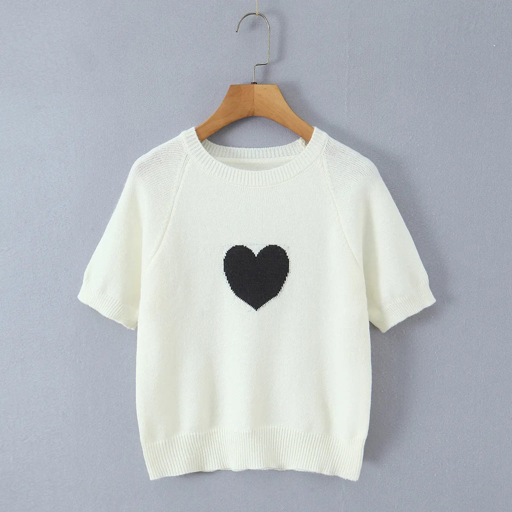 Fashion Casual Heart-patterned Short-sleeve Knit Shirt Women Heart Pattern Short Sleeve Knit Sweater Casual Crew Neck Top 7S5S