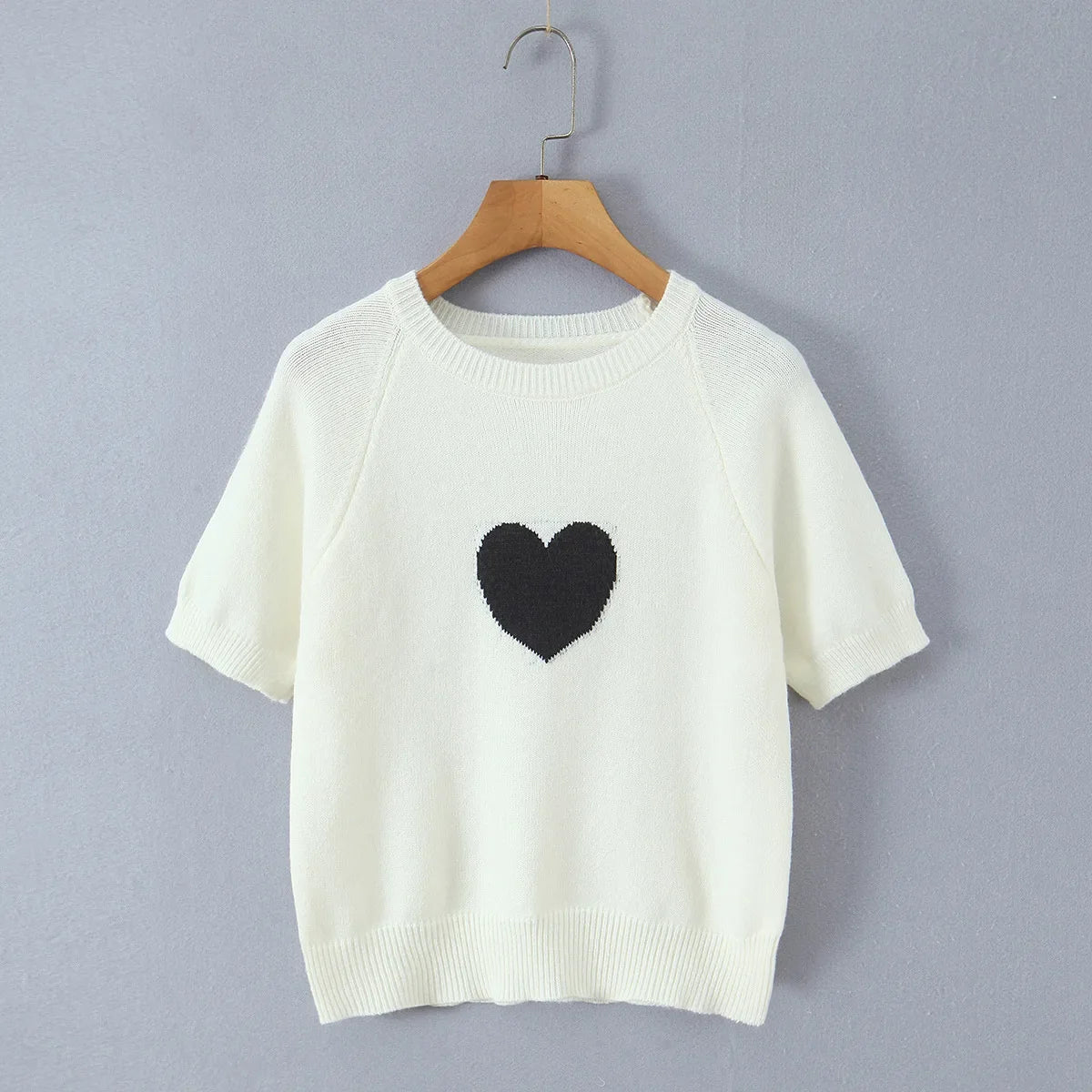 Fashion Casual Heart-patterned Short-sleeve Knit Shirt Women Heart Pattern Short Sleeve Knit Sweater Casual Crew Neck Top 7S5S