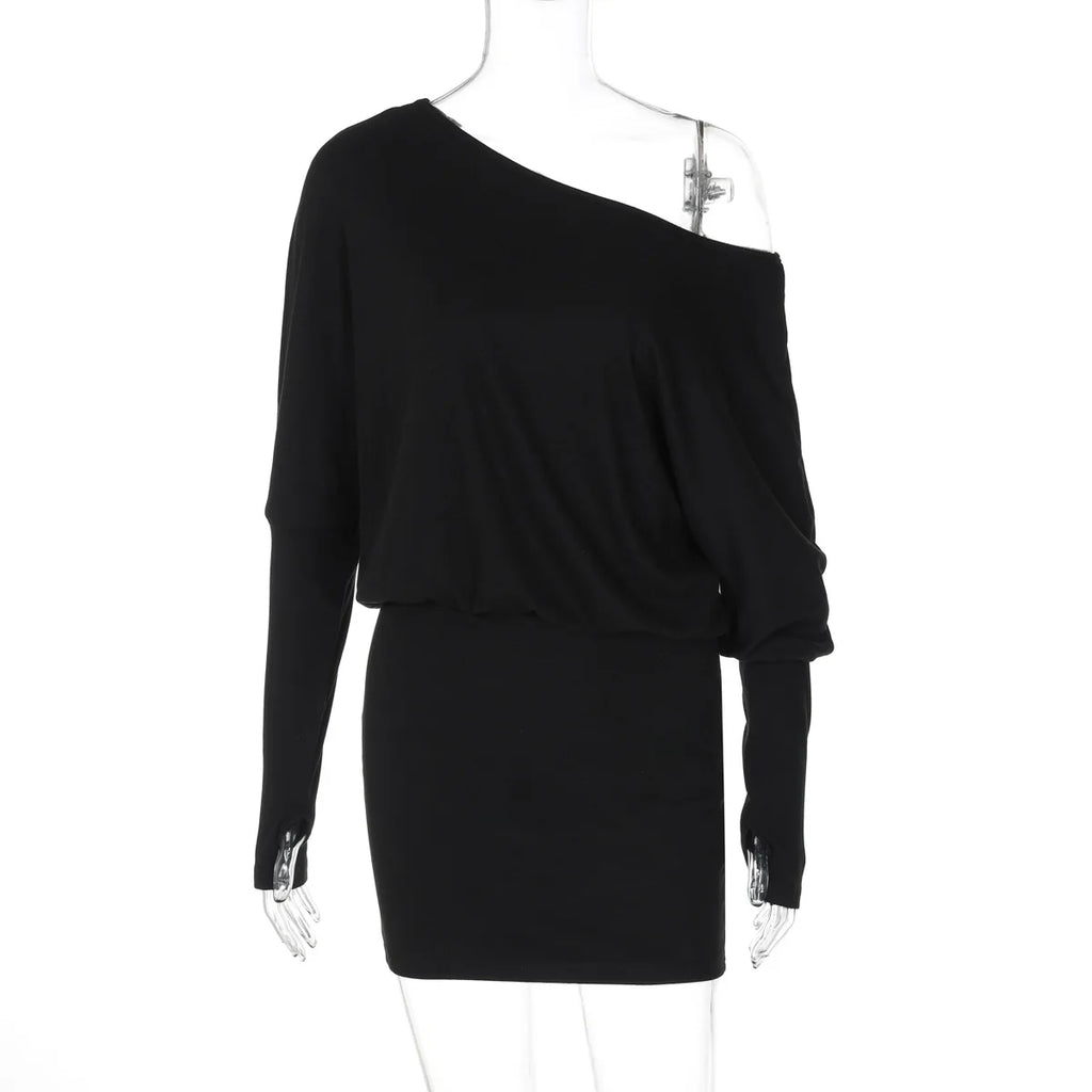 Woman Clothes Diagonal Collar Long Sleeve Package Hip Short Dress Streetwear Black Pink High Waist Tunics Slim Party Dresses