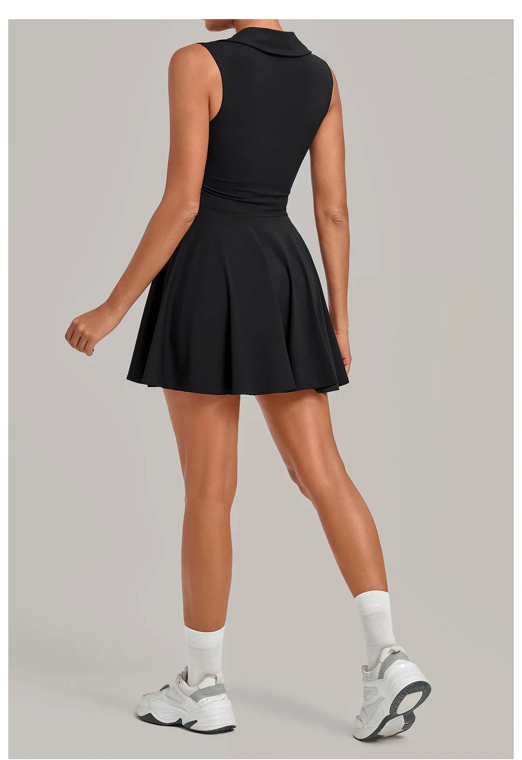Summer Women Solid Tennis Dresses Sleeveless Turn Down Collar Pleated Skirts with Detachable Pocket Shorts Slim Yoga Golf Dress