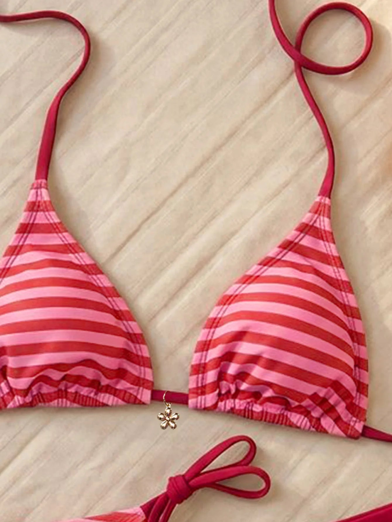 Sexy Red Striped Bikini Set Women Metal Flower Push Up Bra High Waist Pants 3 Piece Swimsuit 2026 Bathing Suit Holiday Swimwear