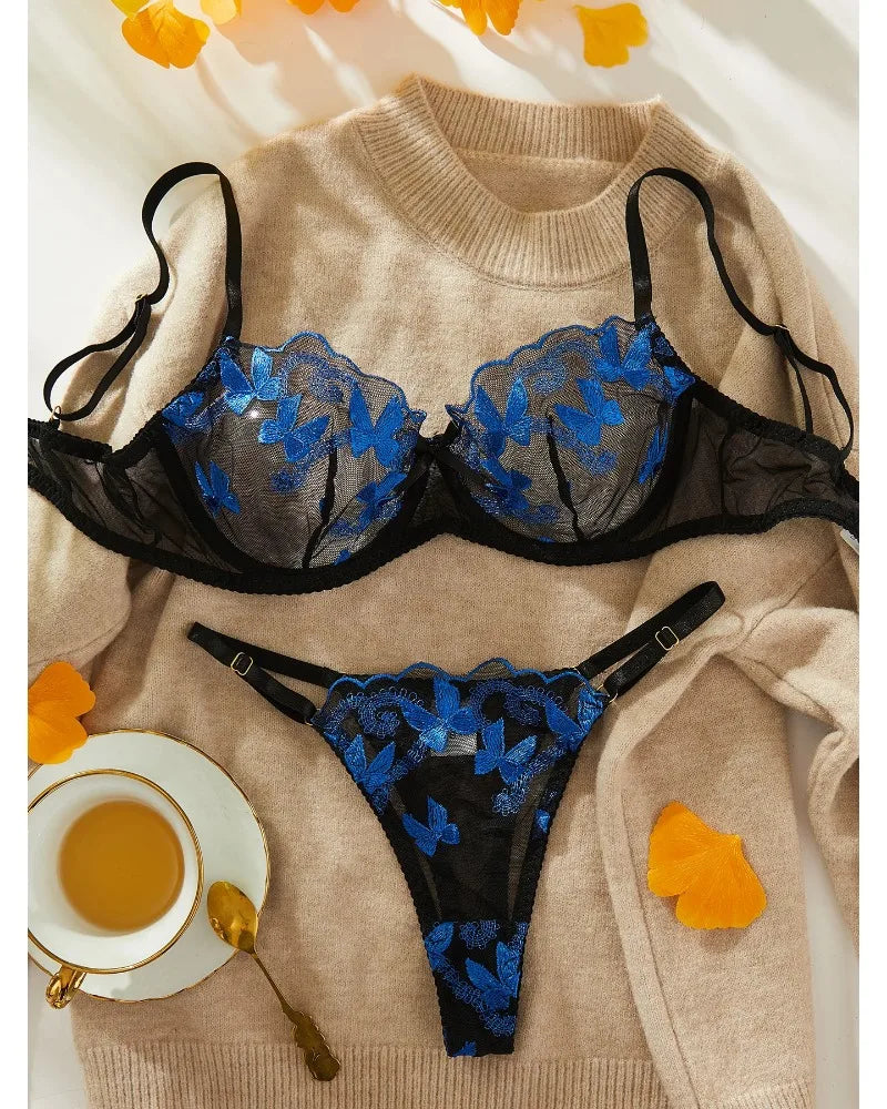 Toucheart Sexy Bra Underwear Set For Women Embroidery Butterfly Printing Patchwork Mesh Hollow Out Perspective Underwear Suit