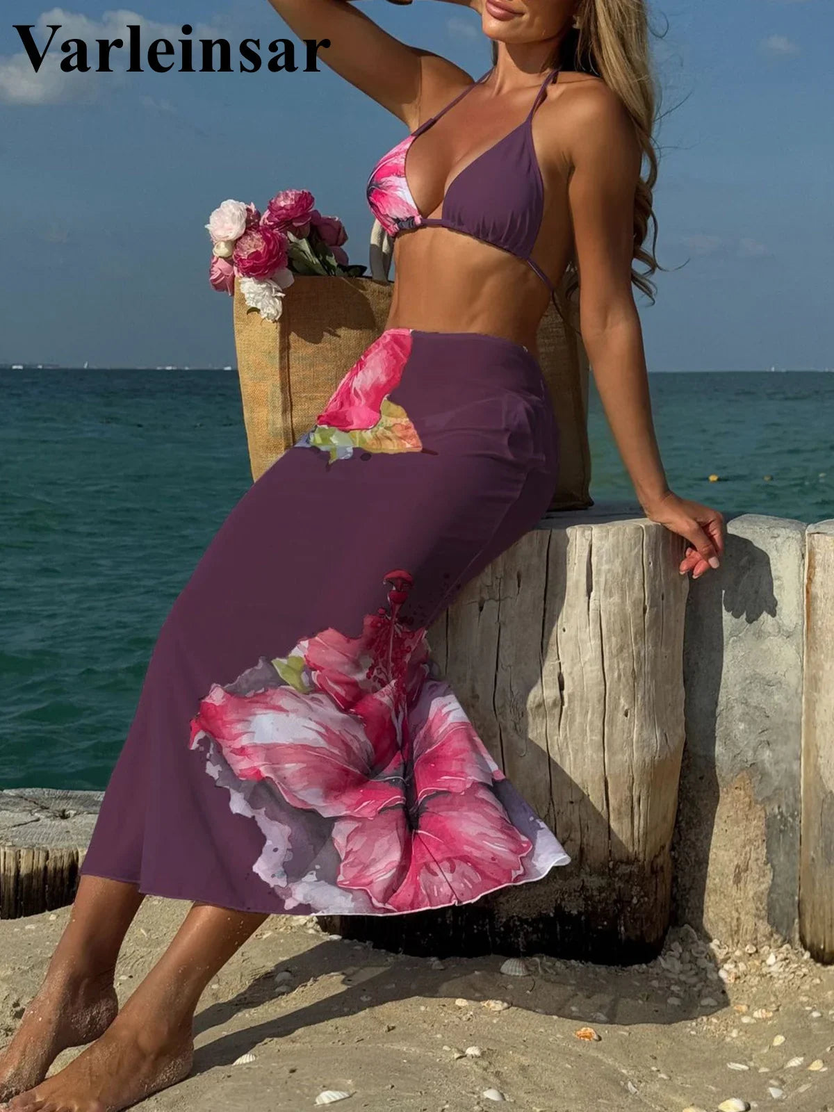 10 Color Flowers Halter Bikini Female Swimsuit Women Swimwear Three-pieces Bikini set With Skirt Bather Bathing Suit Swim V6637C