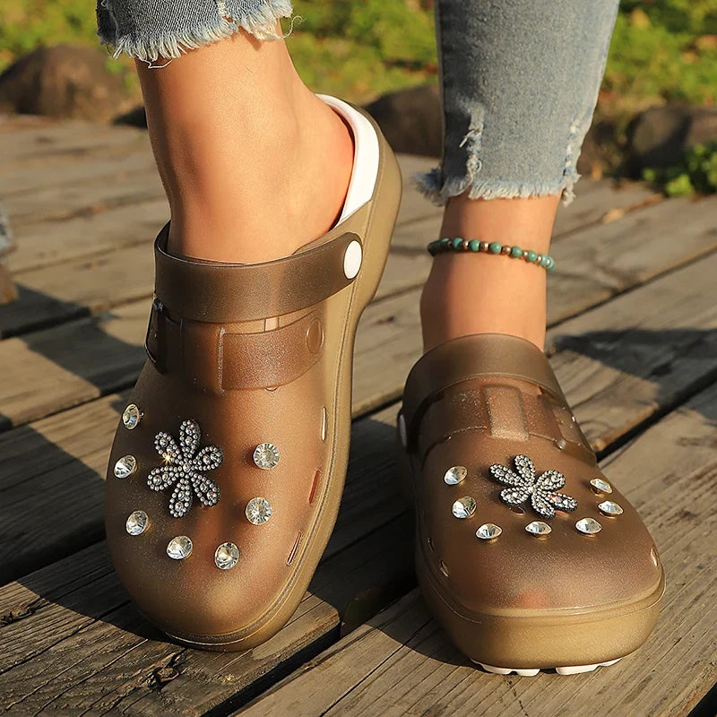 Luxury Rhinestone Pink Platform Clogs Shoes Women Crystal Flowers Hollow Out Sandals Woman Anti Slip Thick Bottom Beach Sandles