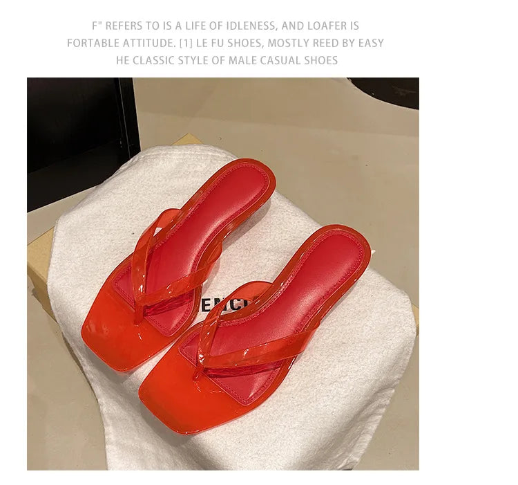 2026 Summer Jelly Shoes Women Fashion Sandals Low Heel Square Toe Girls Street Flip Flops Transparent Color Female Slippers