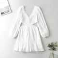 Foridol Waist Hollow Out V Neck Backless White Lace Party Dress Christmas Vestido Robe Ruffled Cotton Long Sleeve Autumn Dress