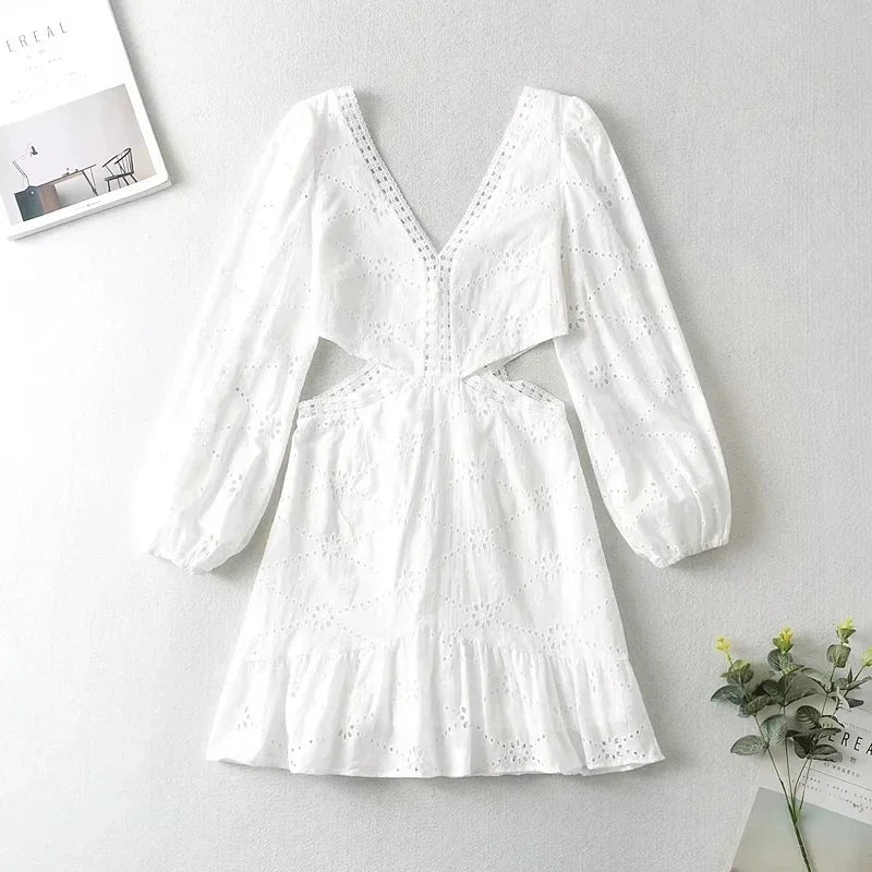 Foridol Waist Hollow Out V Neck Backless White Lace Party Dress Christmas Vestido Robe Ruffled Cotton Long Sleeve Autumn Dress