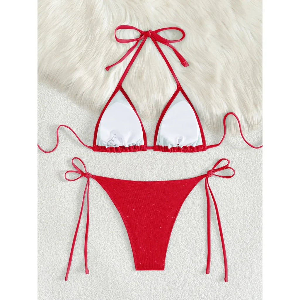 Glitter Sparkling Halter High Leg Cut Bikini Female Swimsuit Women Swimwear Two-pieces Bikini set Bather Bathing Suit Swim V5501