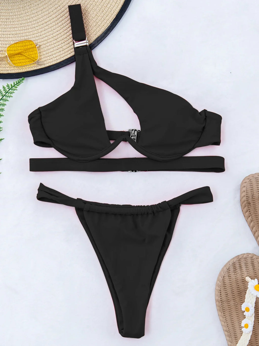 DEKA One Shoulder Bikini Set Women Solid Push Up Underwired Swimwear Beach Wear Thong Swimsuit Biquini Pleated Bathing Suits