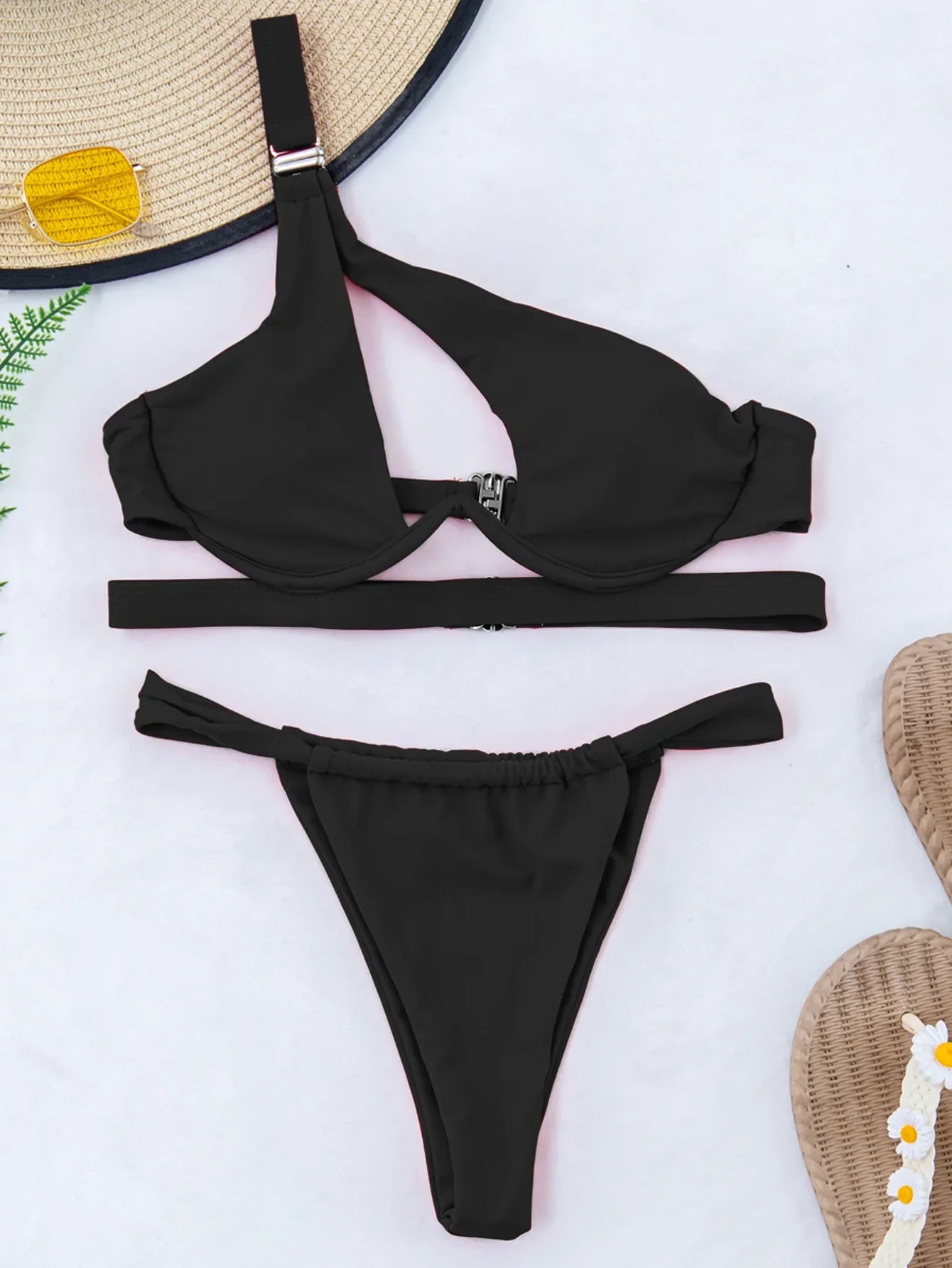 DEKA One Shoulder Bikini Set Women Solid Push Up Underwired Swimwear Beach Wear Thong Swimsuit Biquini Pleated Bathing Suits