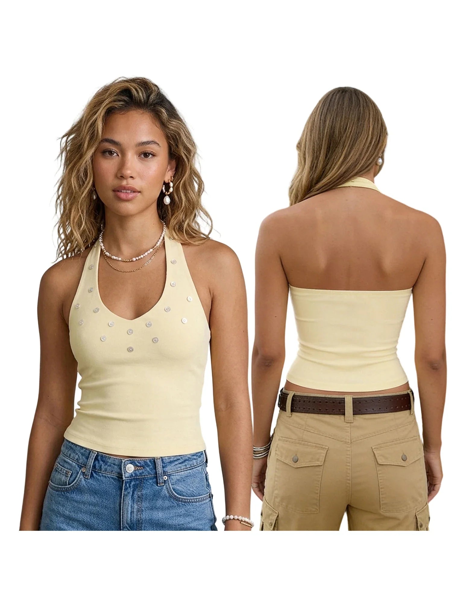 Summer Women's Button Front Decor Halter Tops Sleeveless Tank Tops Solid Color Slim Fit Vest Summer Daily Casual Gothic Sexy