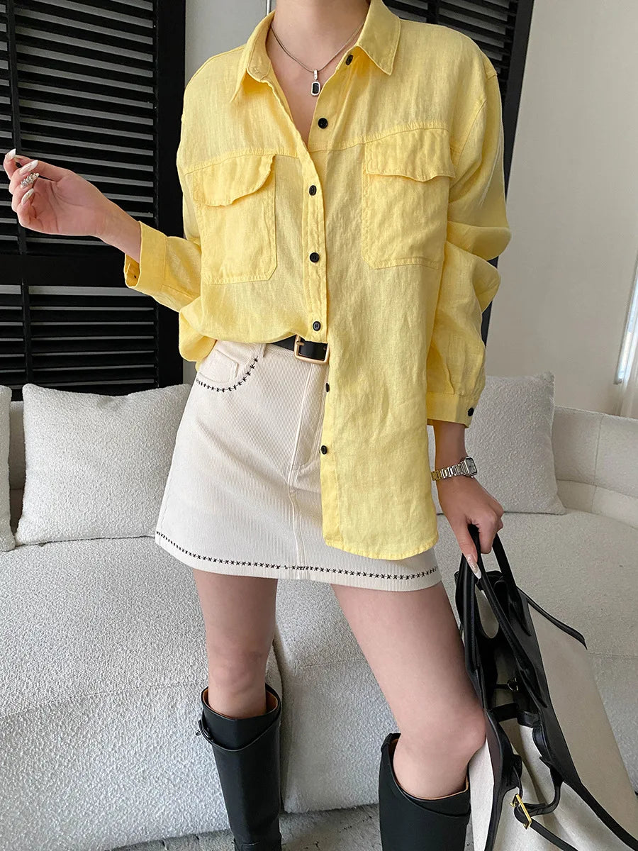 Women White Linen Blend Button Down Shirt Turn Down Collar Chest Pocket Loose Fit Blouse For Summer And Vacation Outfit KY7U