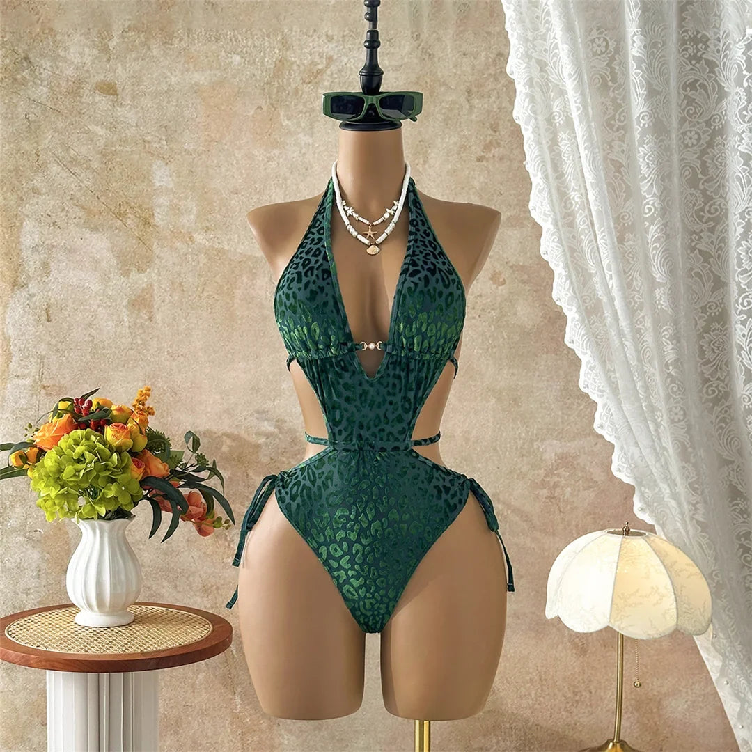 XS - L Deep V Neck Leopard Halter Women Swimwear Cut Out Wrap Around Bather Bathing Suit Swim One Piece Swimsuit Female K8077