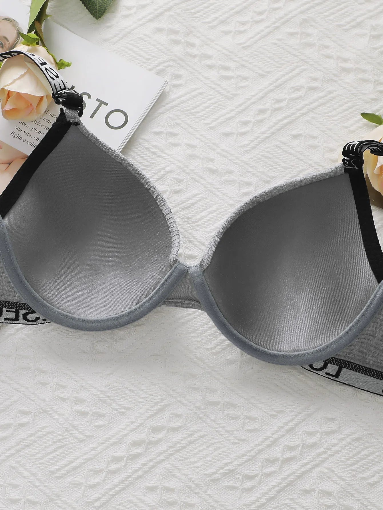Women's Grey Bra With Letter Band Design 3/4 cup Pull Up Sexy Lingerie Solid Color All Season Brassiere R8809