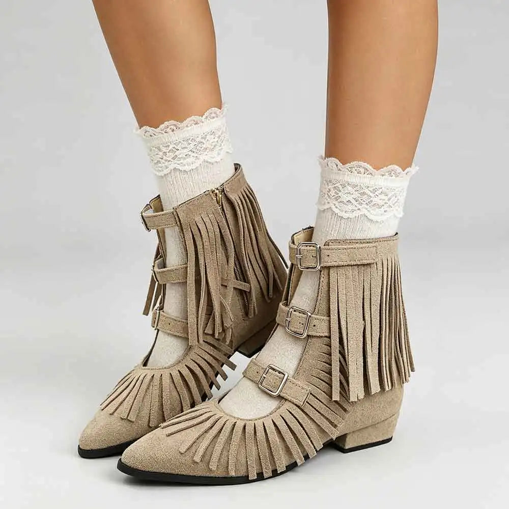 Women's Vintage Fringe Summer Ankle Boots Bohemian Buckle Straps Pointed Toe Ethnic Tassel Hollow Out Western Cowgirls Shoes