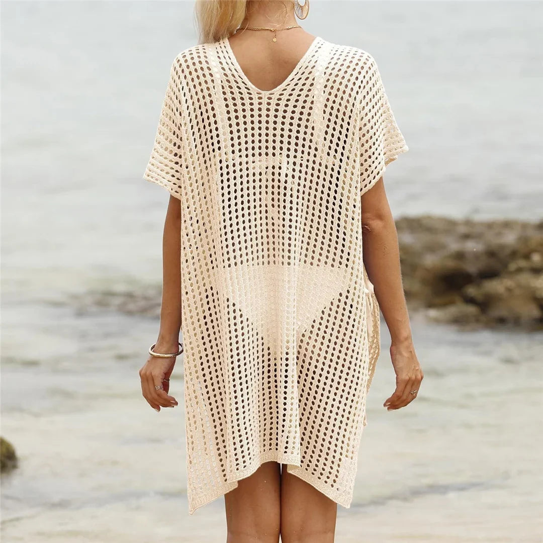 Short Sleeve V Neck Hollow Out Crochet Knitted Tunic Beach Dress Beach Wear Beachwear Beach Cover Up Cover-upsFemale Women V8061