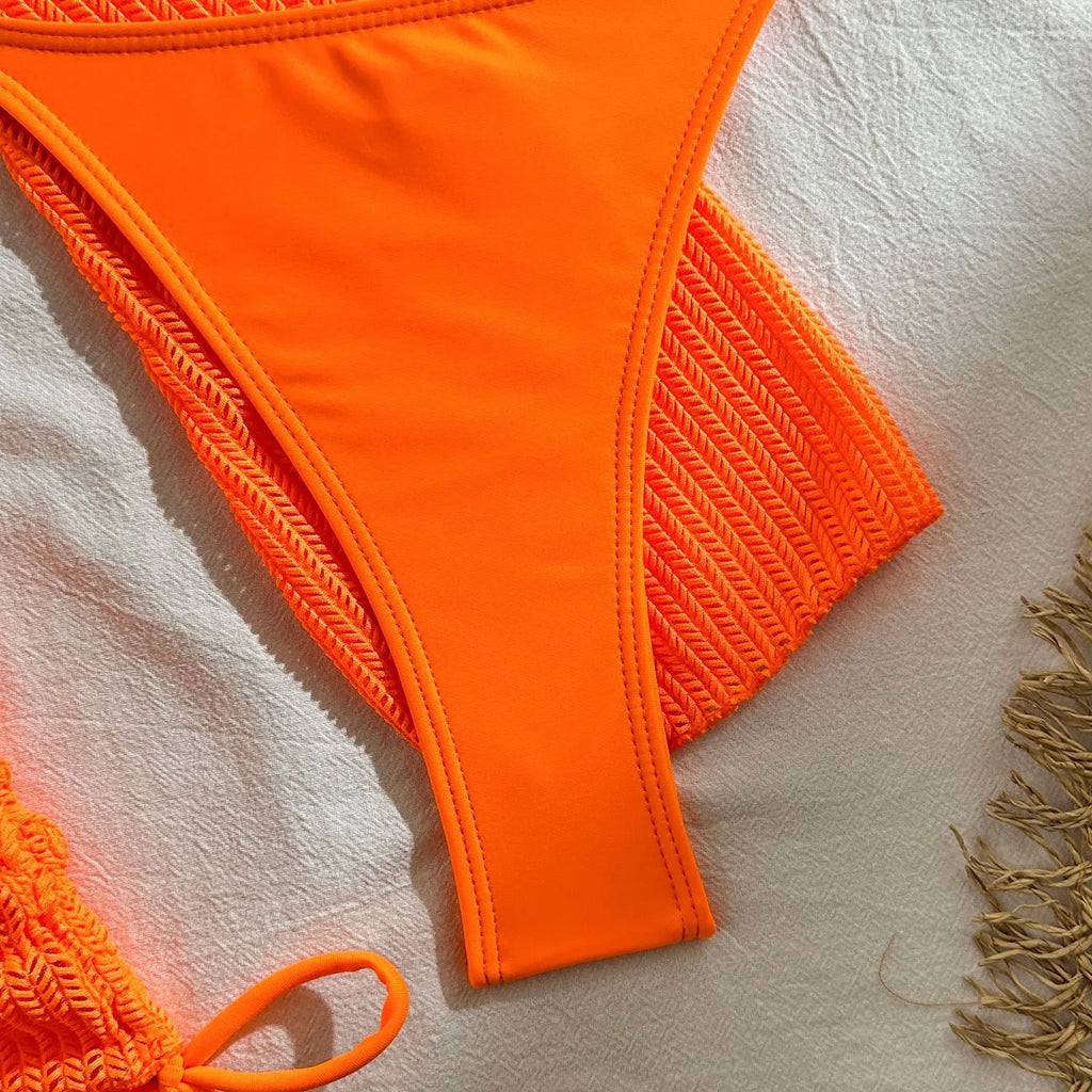 Women micro mini halter bikinis sets 3pcs with knitted long sleeve hollow out mini dress swimsuit bathing suit beach outfits
