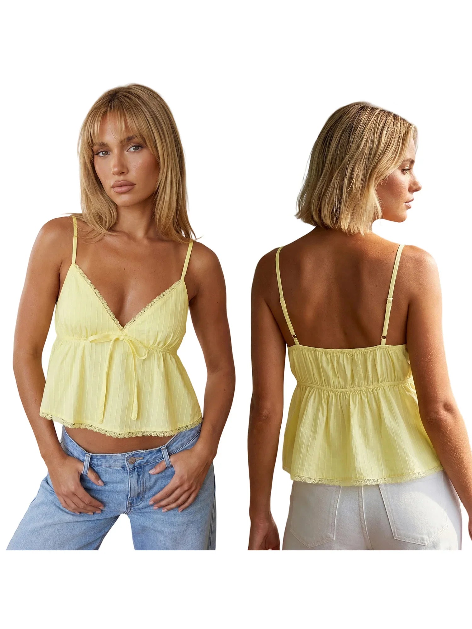 Womens Solid Color Sleep Tank Tops Spaghetti Strap Stylish Lace Trim Striped Front Bow Backless V Neck Sleep Camisoles