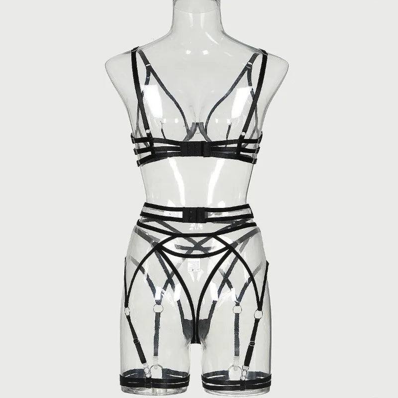 Toucheart 4 Piece Set Bra Set Nude See-Through Mesh Contrasting Color Hemmed Sexy Underwear For Women Girdle Garter Belt Suit