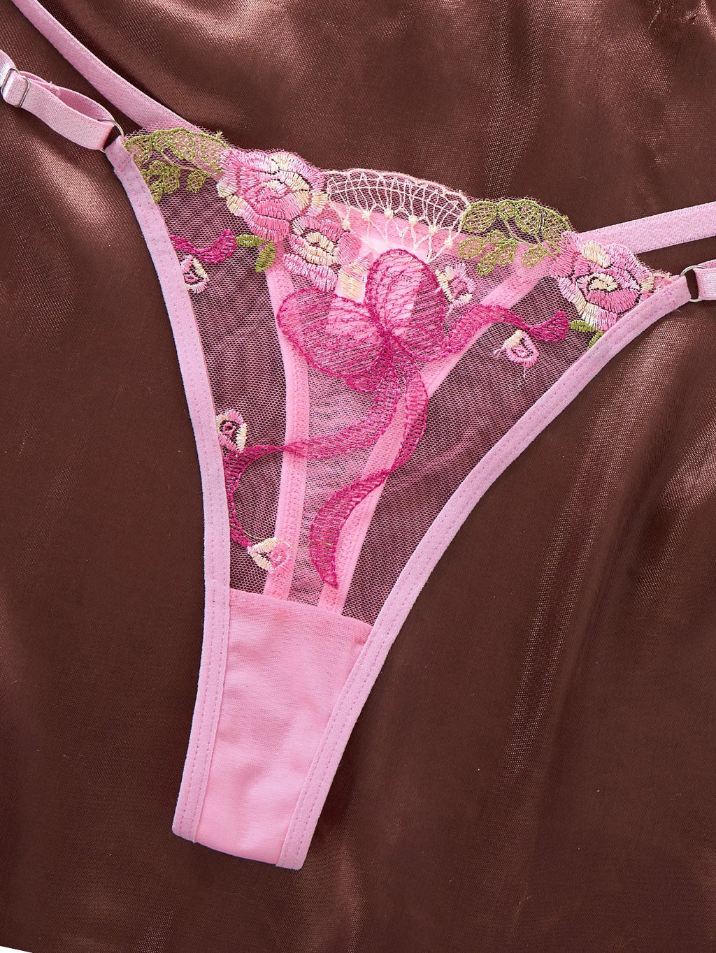 Young girl style pink embroidered bra set - Embroidered fabric patchwork mesh lingerie set for women ZA825296