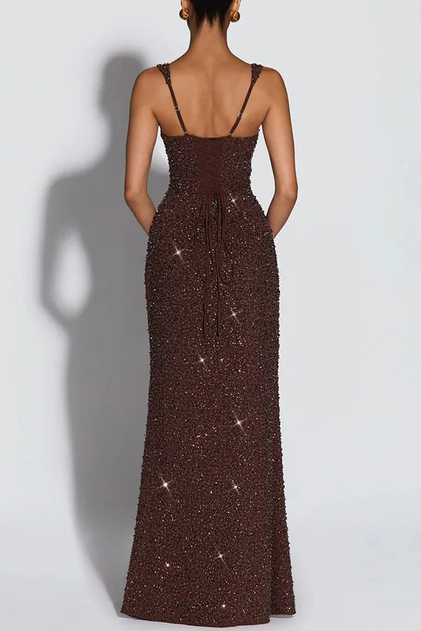 Women's Sequin Maxi Dress Burgundy Square Neck Sleeveless Bodycon Evening Gown Formal Party Prom Cocktail Mermaid Long Dresses
