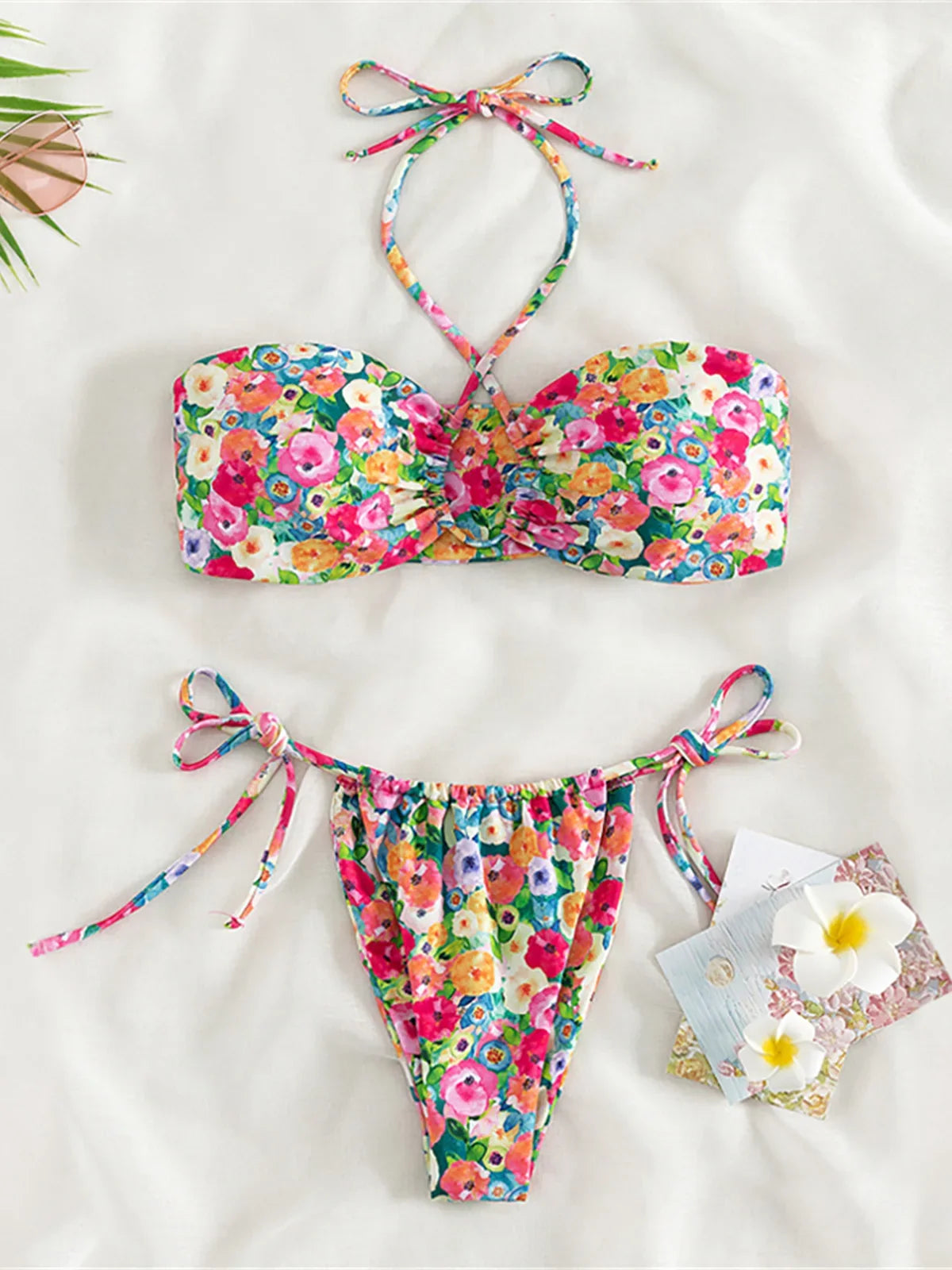 Sexy Floral Printed Halter Lace Up Bikini Female Swimsuit Women Swimwear Two-pieces Bikini set Bather Bathing Suit Swim K5026