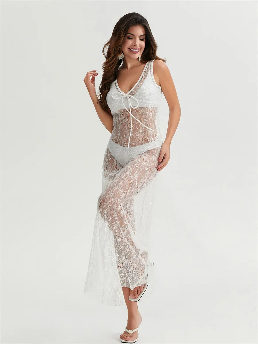 Women Lace Dress Sleeveless V Neck Long Dress for Party Club Beach 2026 Summer Sexy See Through Bikini Cover-ups