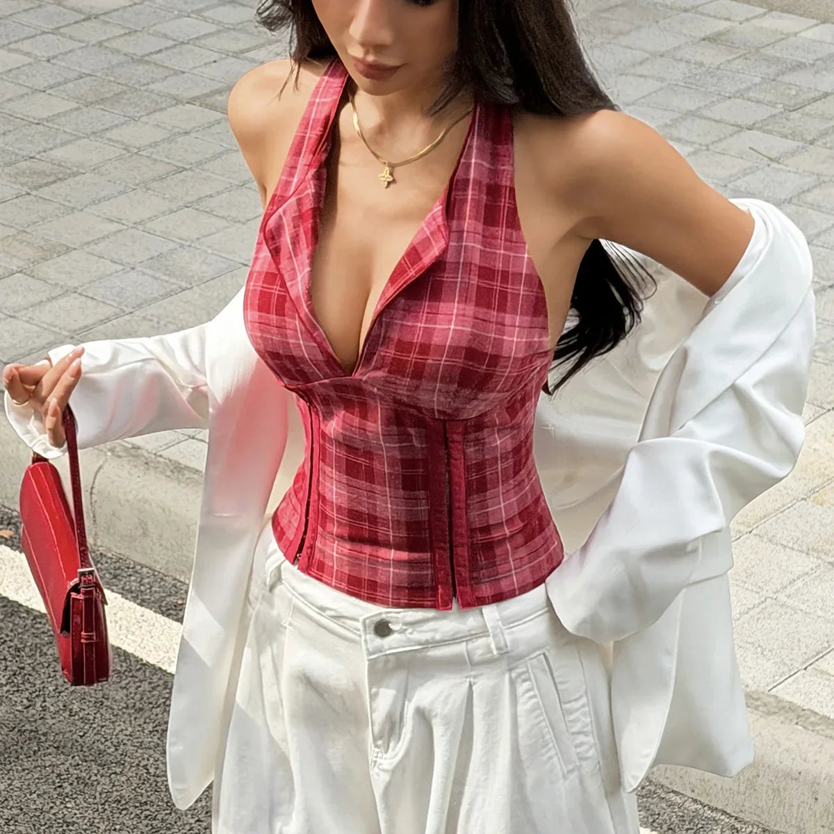Phantasy Retro Red Plaid Halter Tank Top Women Sexy V neck Backless Crop Top European Style Lace up Camisole 2026 Summer Clothes