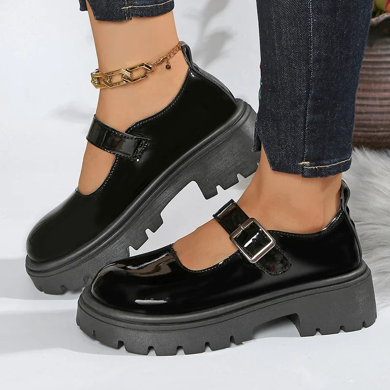 Patent Leather Thick Sole Mary Jane Shoes Women 2025 Ankle Buckle Platform Pumps Woman Round Toe High Heel Lolita Shoes Female