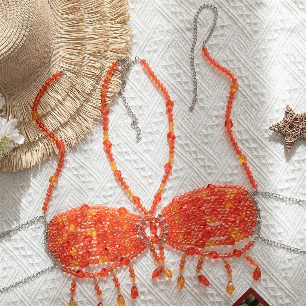 Pearls Beads Halter See Through Bikini Top Female Swimsuit Women Swimwear Bather Bathing Suit Swim Hollow Out Beach Top V8224