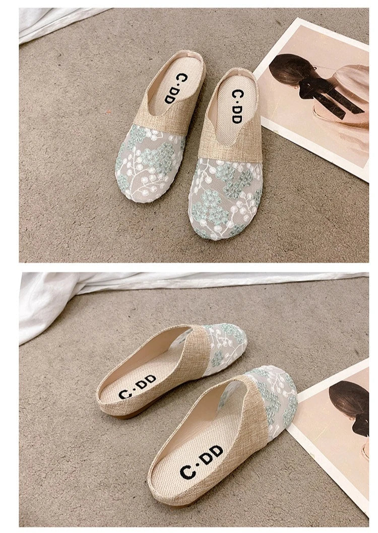 Breathable Mesh Linen Slippers For Women Summer Flat Shoes Anti-slip Female Indoor Outdoor Slides Office Lady Walking Sandals