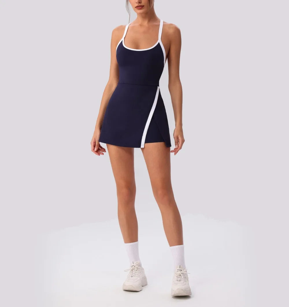 Color Contrast Tennis Dresses Women Beautiful Back Hollow Back Cross Split Skirt Pocket Sports Fitness One-piece Yoga Golf Suit
