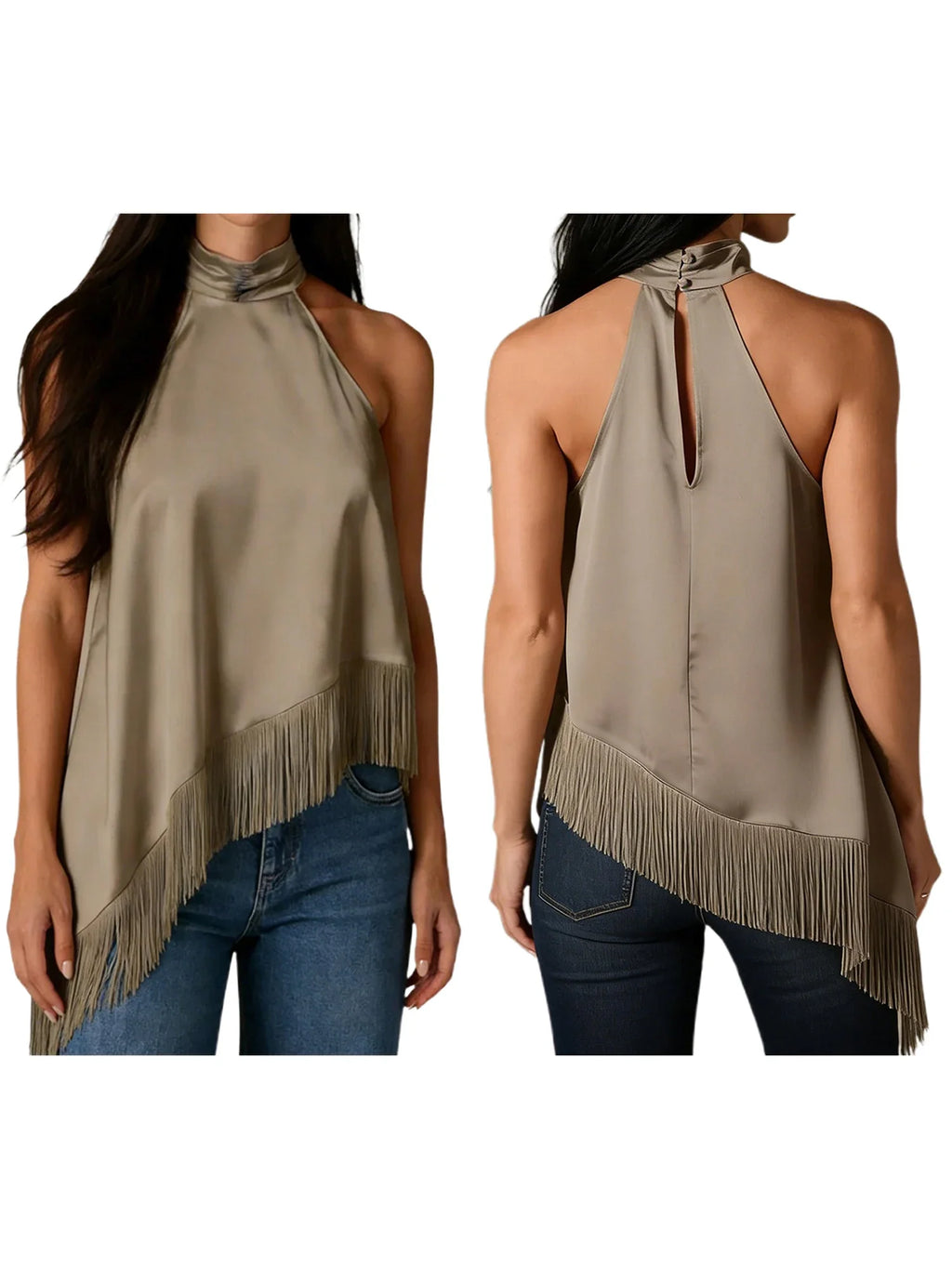 Women's Summer Solid Color Satin Halter Mock Neck Tops Sleeveless Tassel Hem Loose Fit Tank Tops
