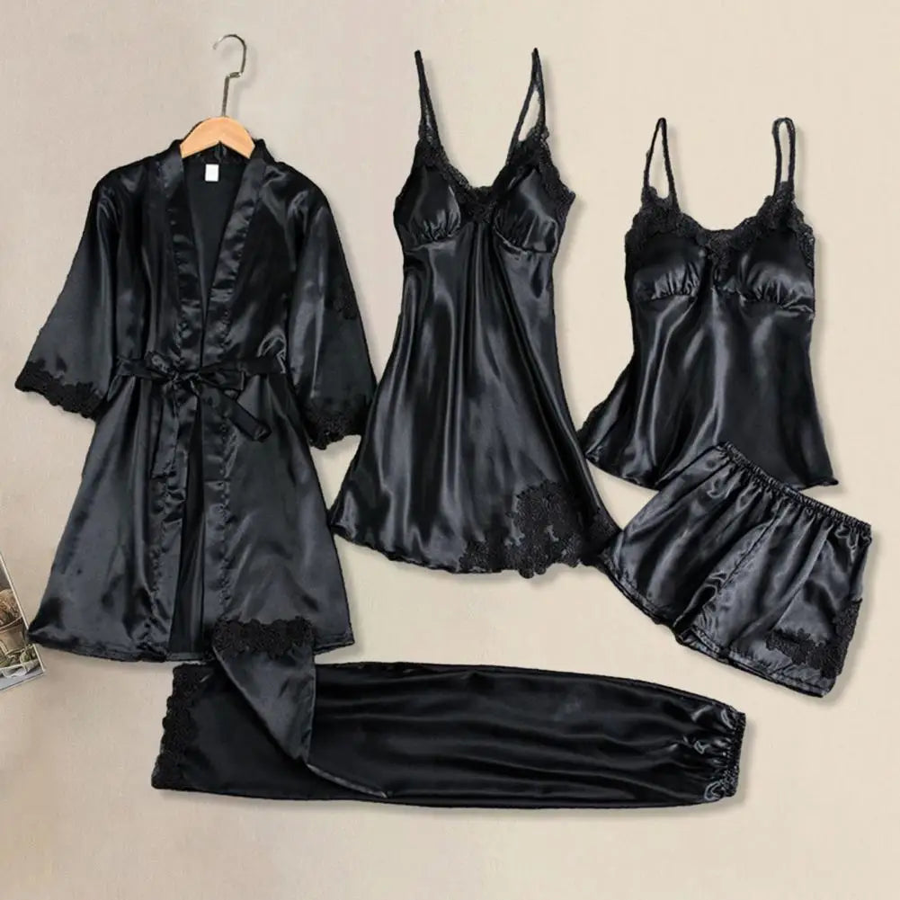 5 Pcs/Set Silky Satin Women Pajamas Set Nightgown Nightdress Top Shorts Pants Set Lace Patchwork Loose Thin Women Sleepwear