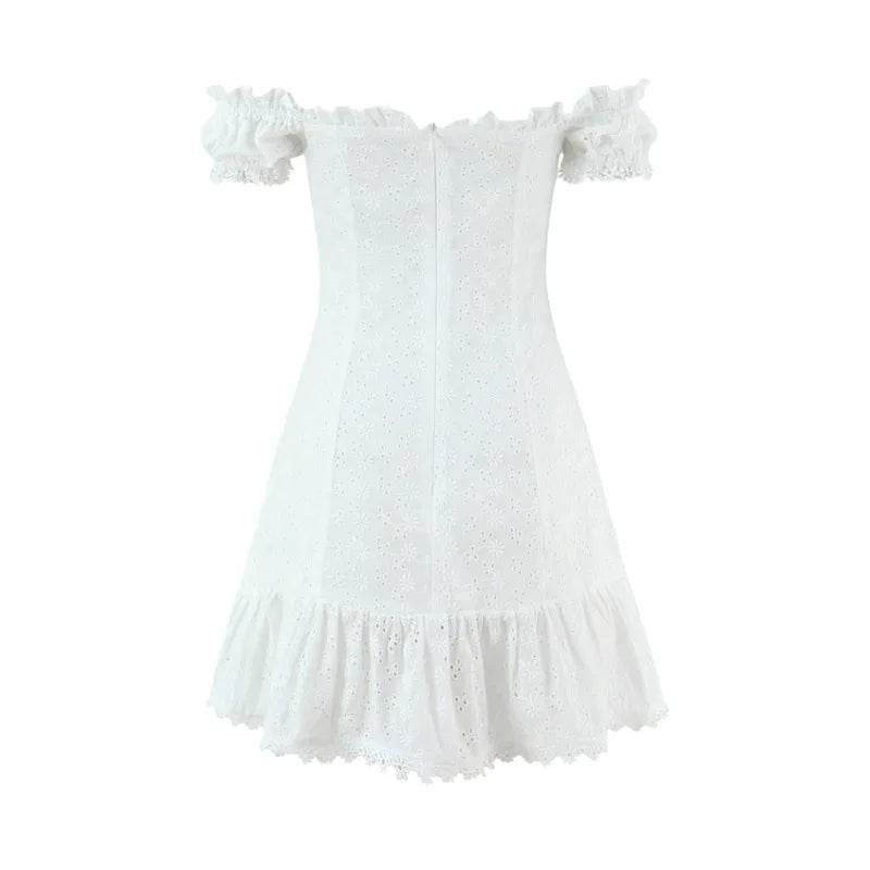 One-shoulder Off-the-shoulder Puff Sleeve Dress For Women With Hollowed-out Chest Embroidered Straps Pure Desire Dress 534Q