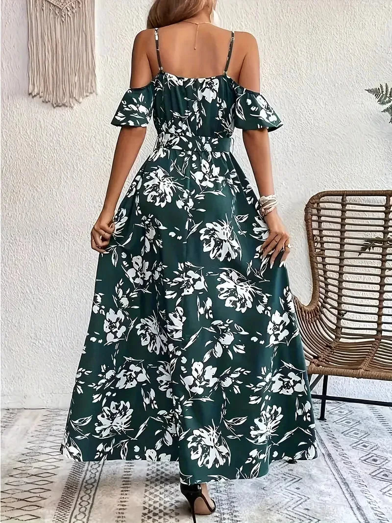 New Summer Women Print Dress 2025 Fashion Elegant  Vacation Party Short Sleeve Slim V-neck Slit Long Dresses Vestidos Para Mujer