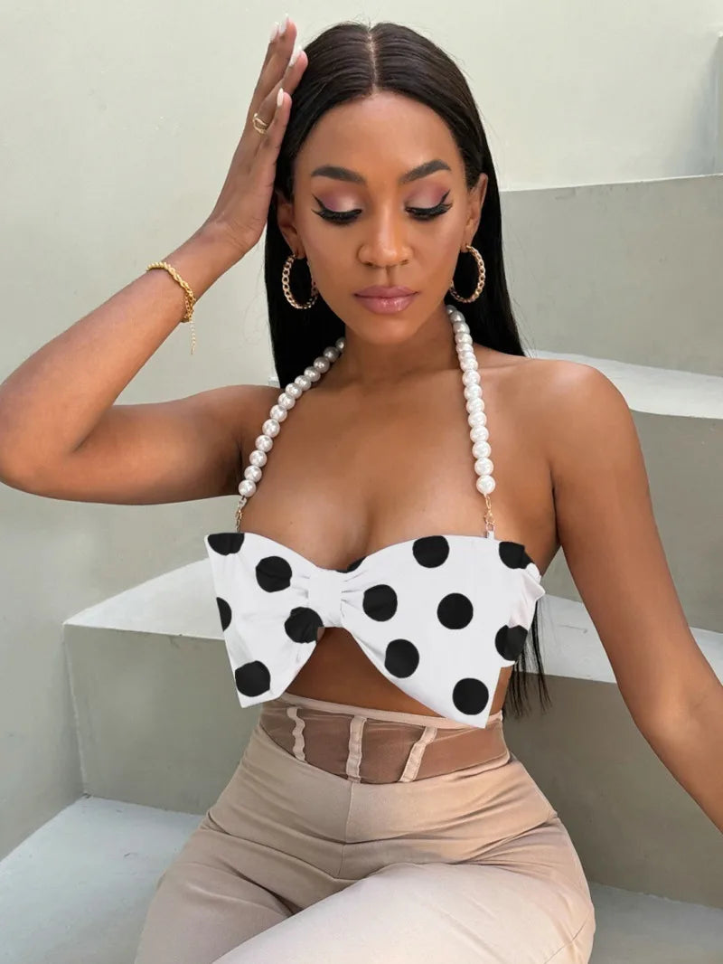 Women's Pure Desire Sexy Hot Girl Polka Dot Halter Pearl Bowknot Strap Vest Hanging Neck Pure Desire Casaul Style Vest IFQ9