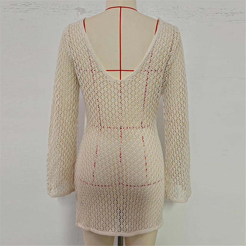 V Neck Long Sleeve Hollow Out Crochet Knitted Tunic Beach Cover Up Cover-ups Beach Dress Beach Wear Beachwear Female Women V7643