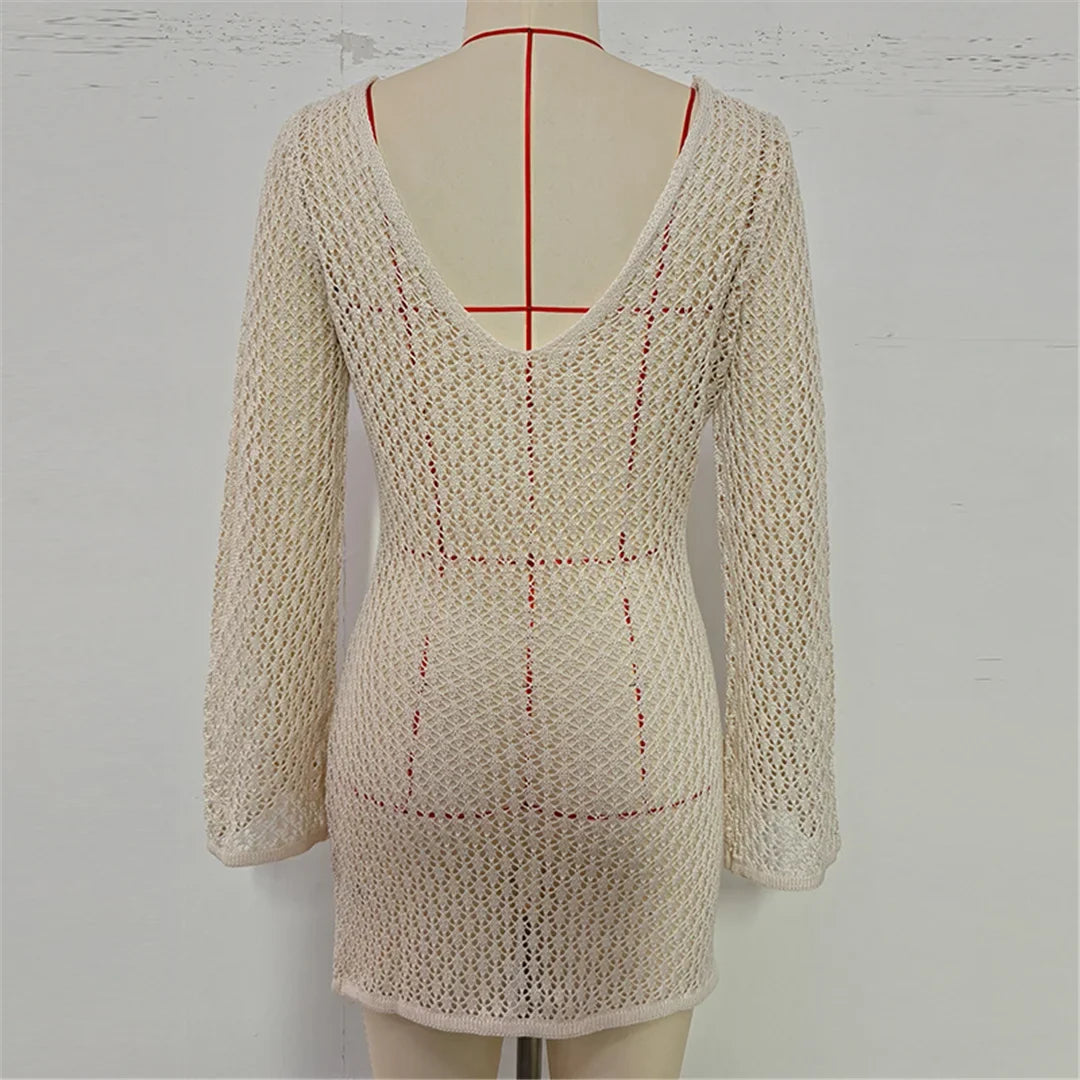 V Neck Long Sleeve Hollow Out Crochet Knitted Tunic Beach Cover Up Cover-ups Beach Dress Beach Wear Beachwear Female Women V7643