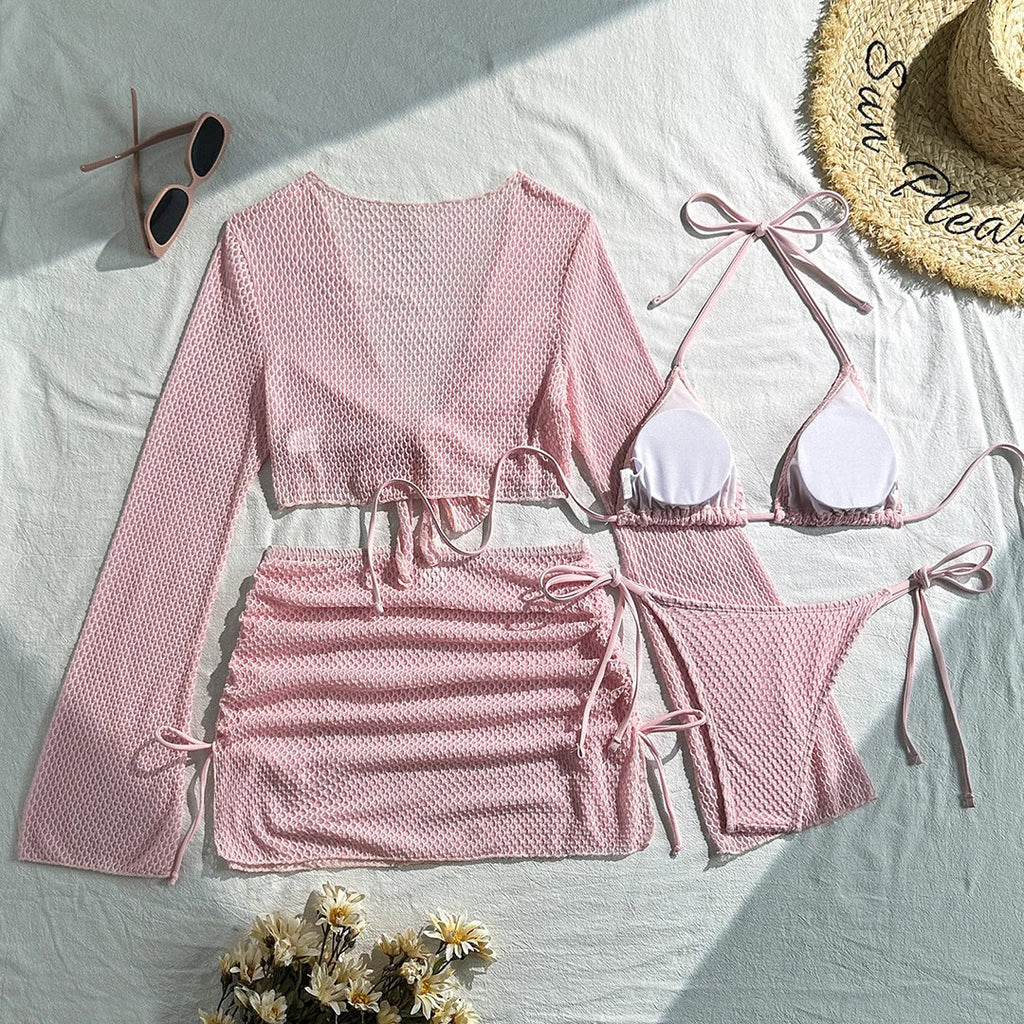 9 Colors New Long Sleeve With Skirt Bikini Female Swimsuit Women Swimwear Four-pieces Bikini set Bather Bathing Suit Swim V6358P
