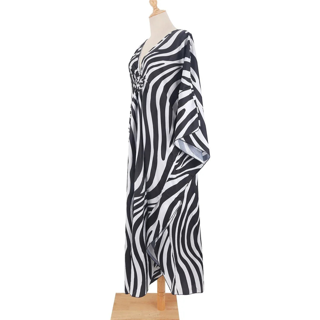 Sexy Zebra Printed V Neck Tunic Beach Cover Up Cover-ups Beach Dress Beach Wear Beachwear Beach Long Dress Female Women V4159