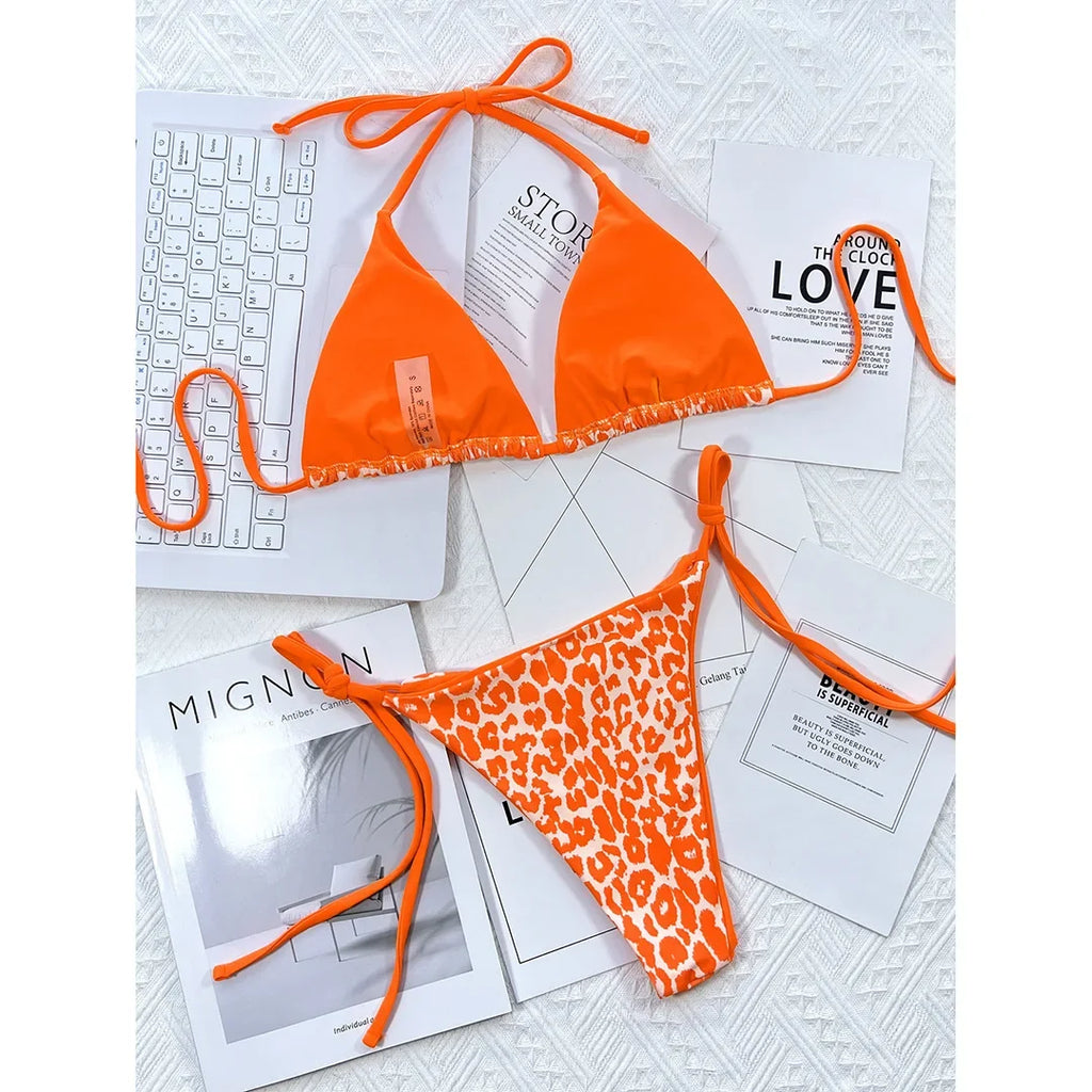 Sexy Leopard Printed Halter Brazilian Bikini Women Swimwear Female Swimsuit Two-Piece Bikini Set Bather Bathing Suit Swim V3681