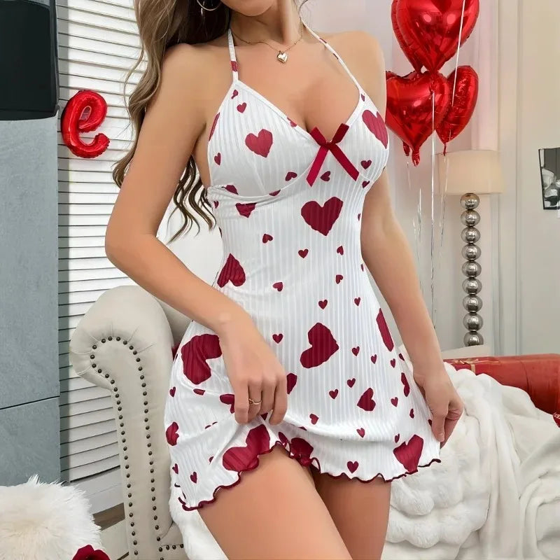 Women's White Heart Print Chemise Ribbed V-Neck Nightgown Bow Detail Sleepwear Soft Comfortable Lingerie Dress