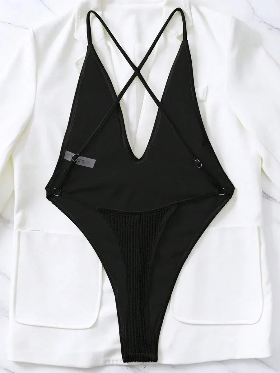 Sexy Ribbed Cross Backless Women Monokini Micro String Thong Swimwear One Piece Swimsuit Female High Cut Bathing Suit Swim Lady