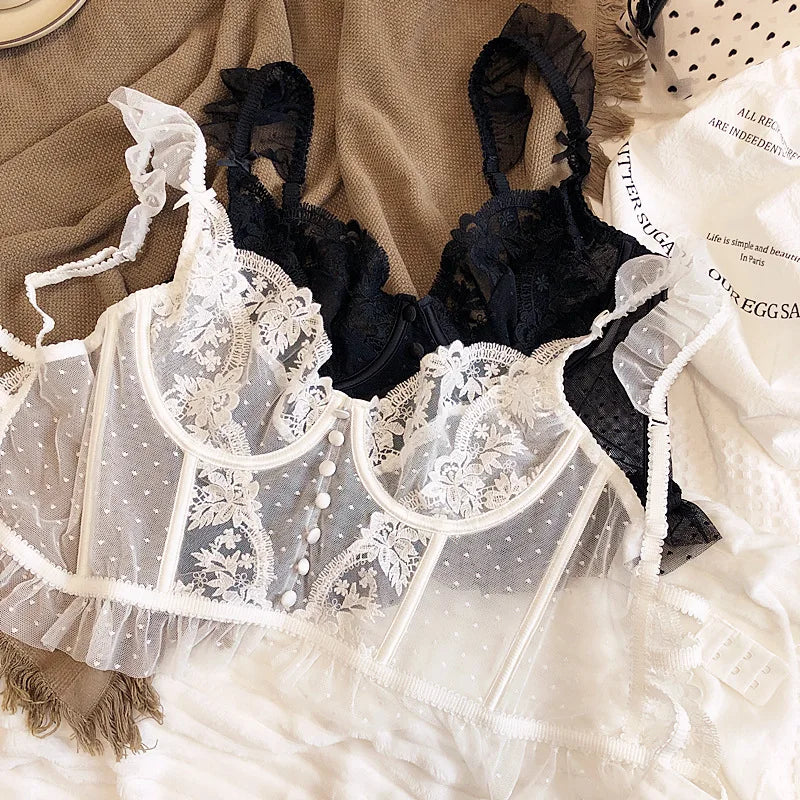 French Sexy Lingerie Set Women Ultra Thin See Through Embroidery Lace Bra & Thong Push Up Underwear Shaping Camisole Set MOYISU