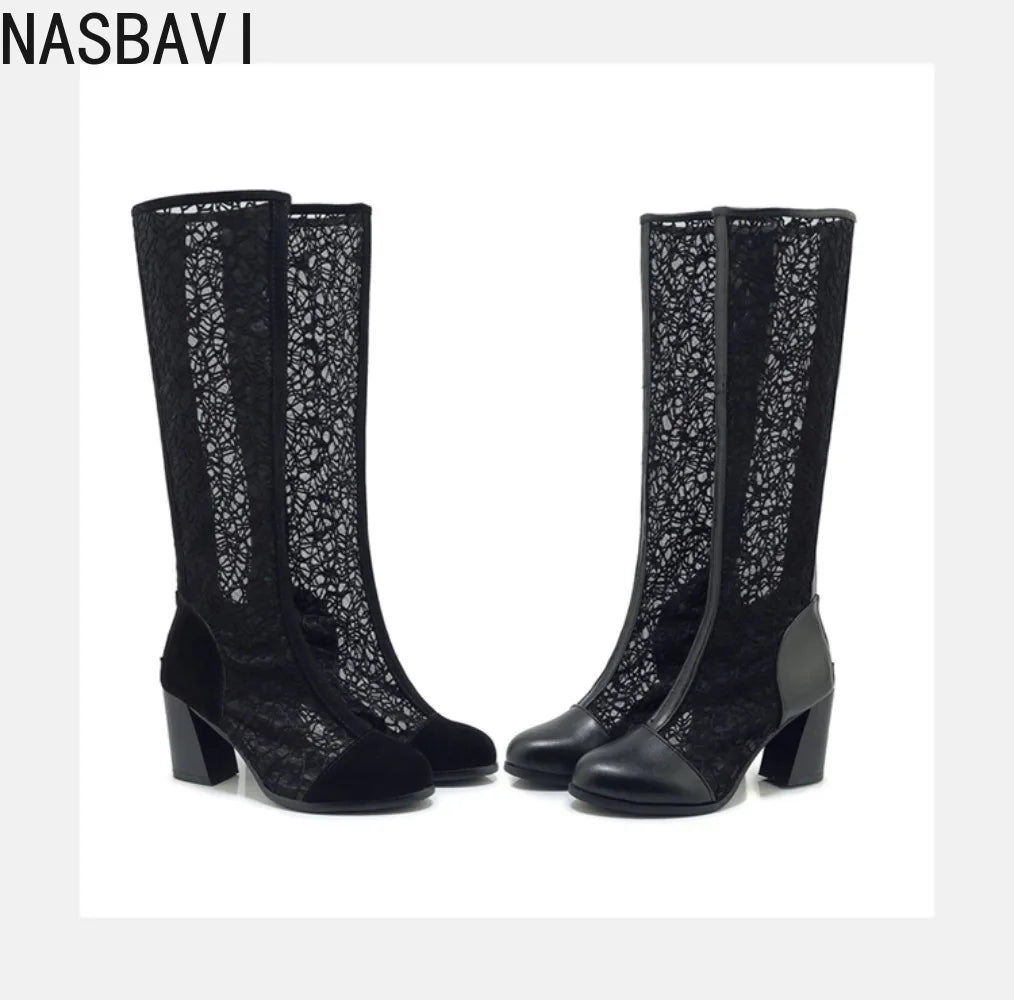 Sexy Women Knee High Boots Square Heel Punk Lace Mesh Boots Gladiator Cool Boots Breathable Women's Sandals Botas De Mujer New