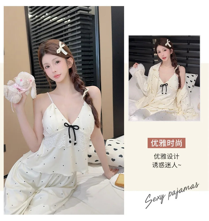 Fashionable Home Pajamas Three-piece Set Island Velvet Pajamas Spring and Autumn Suspenders Sexy Homewear Casual Suit