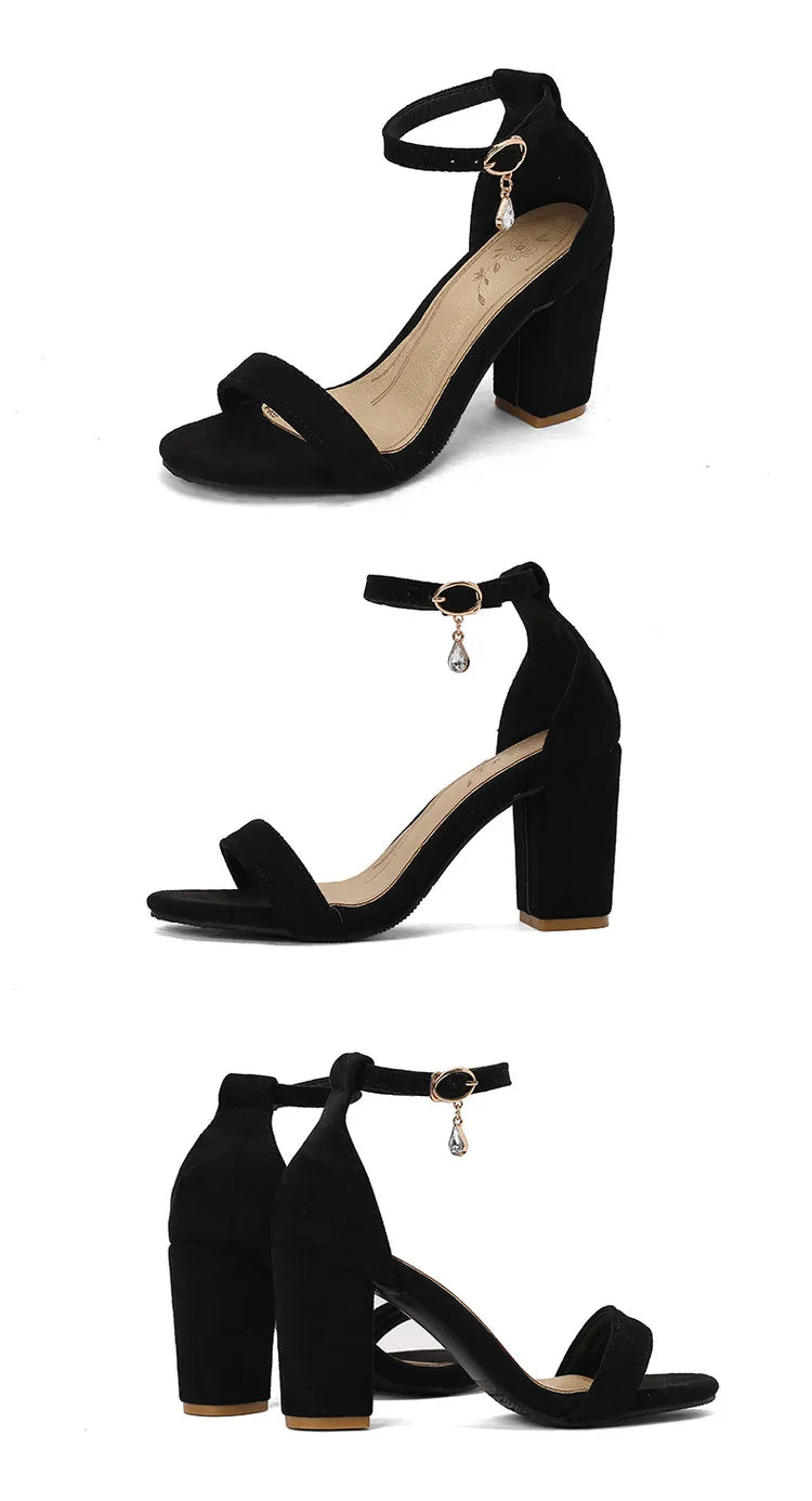 Beige Suede Ankle Strap Block Heel Sandals for Women, Round Open Toe with Rhinestone Accent, Multiple Colors Available